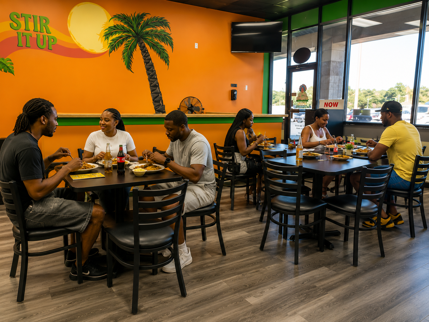 Colorful booths and a hand-painted island mural inside Mama Spice