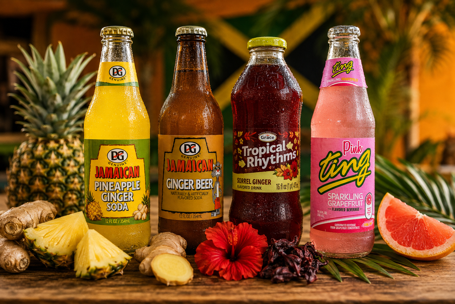 Pineapple ginger soda, ginger beer, sorrel and Pink Ting bottles